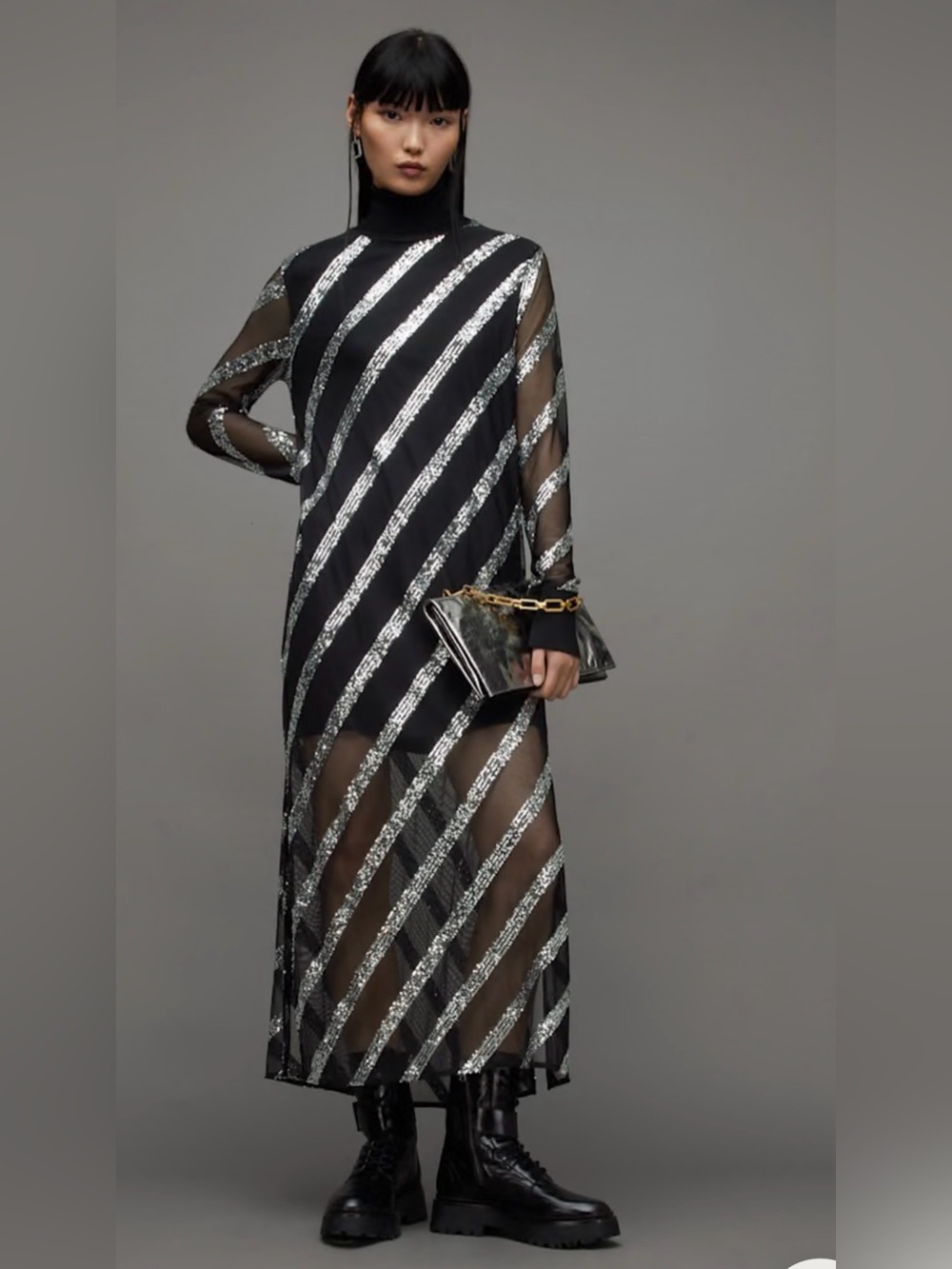 AllSaints Black Maxi Dress with Silver Diagonal Stripes